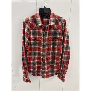 LUCKY BRAND Men Small Red Gray Plaid Tribal Flannel Cotton Button-Up Shirt